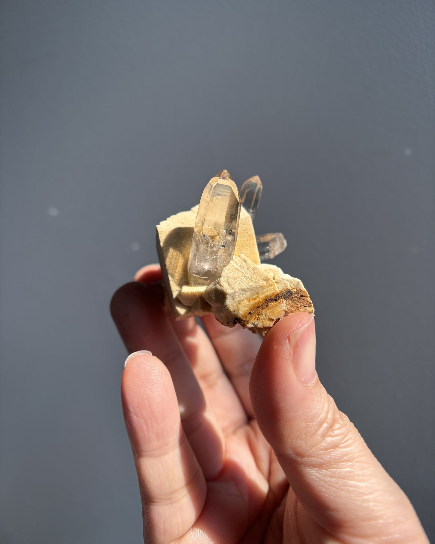 Aegirine with Multiple Smoky Quartz Points on Orthoclase 46g