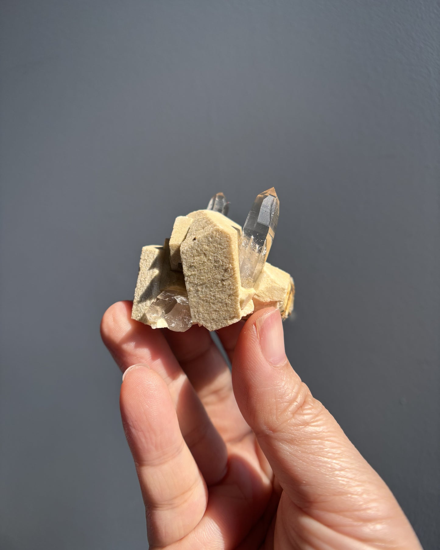 Aegirine with Multiple Smoky Quartz Points on Orthoclase 46g