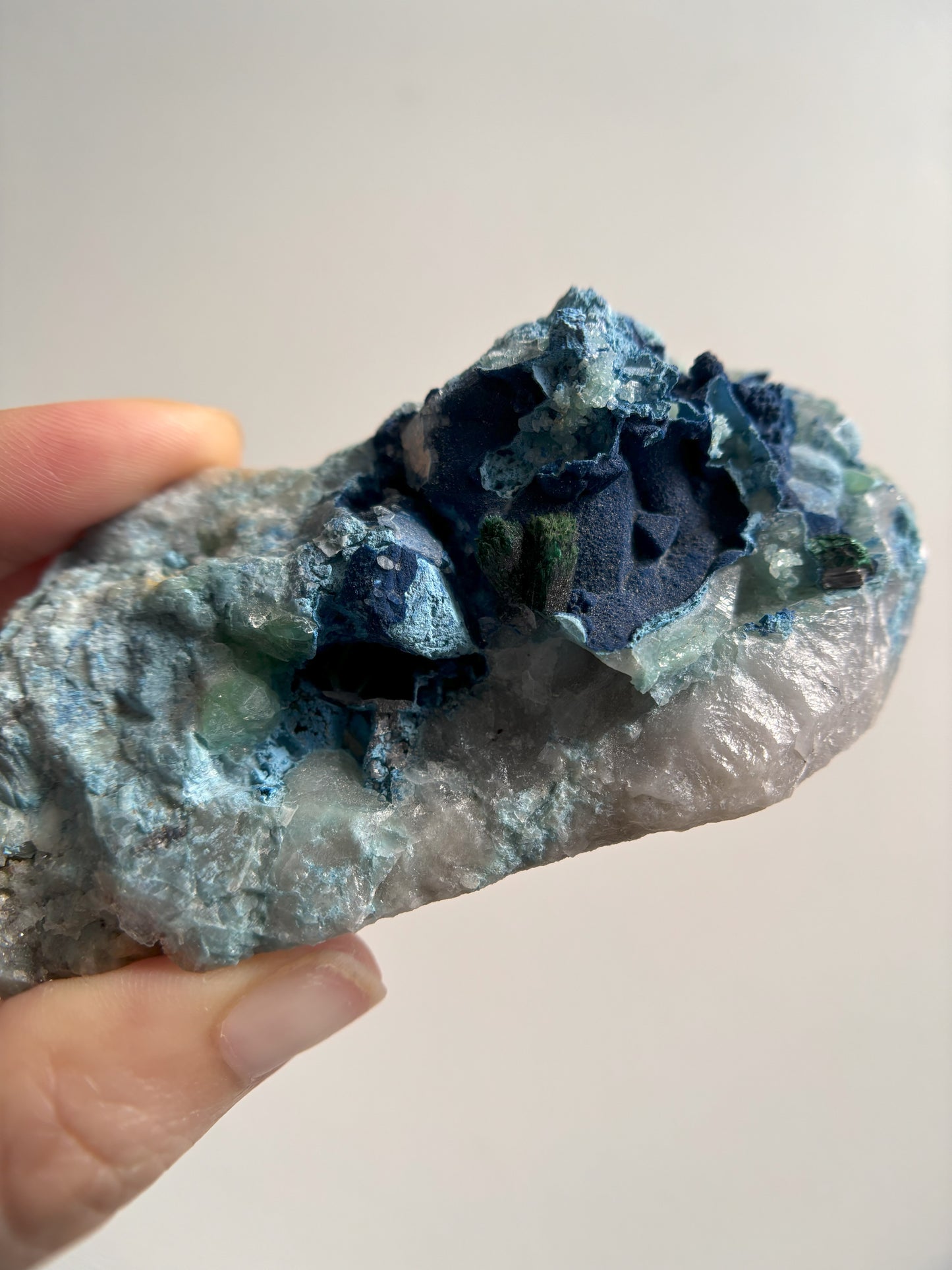 Shattuckite and Malachite on Quartz 139g