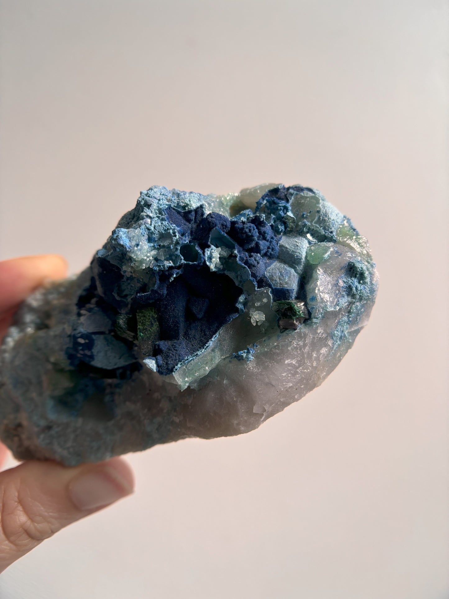 Shattuckite and Malachite on Quartz 139g