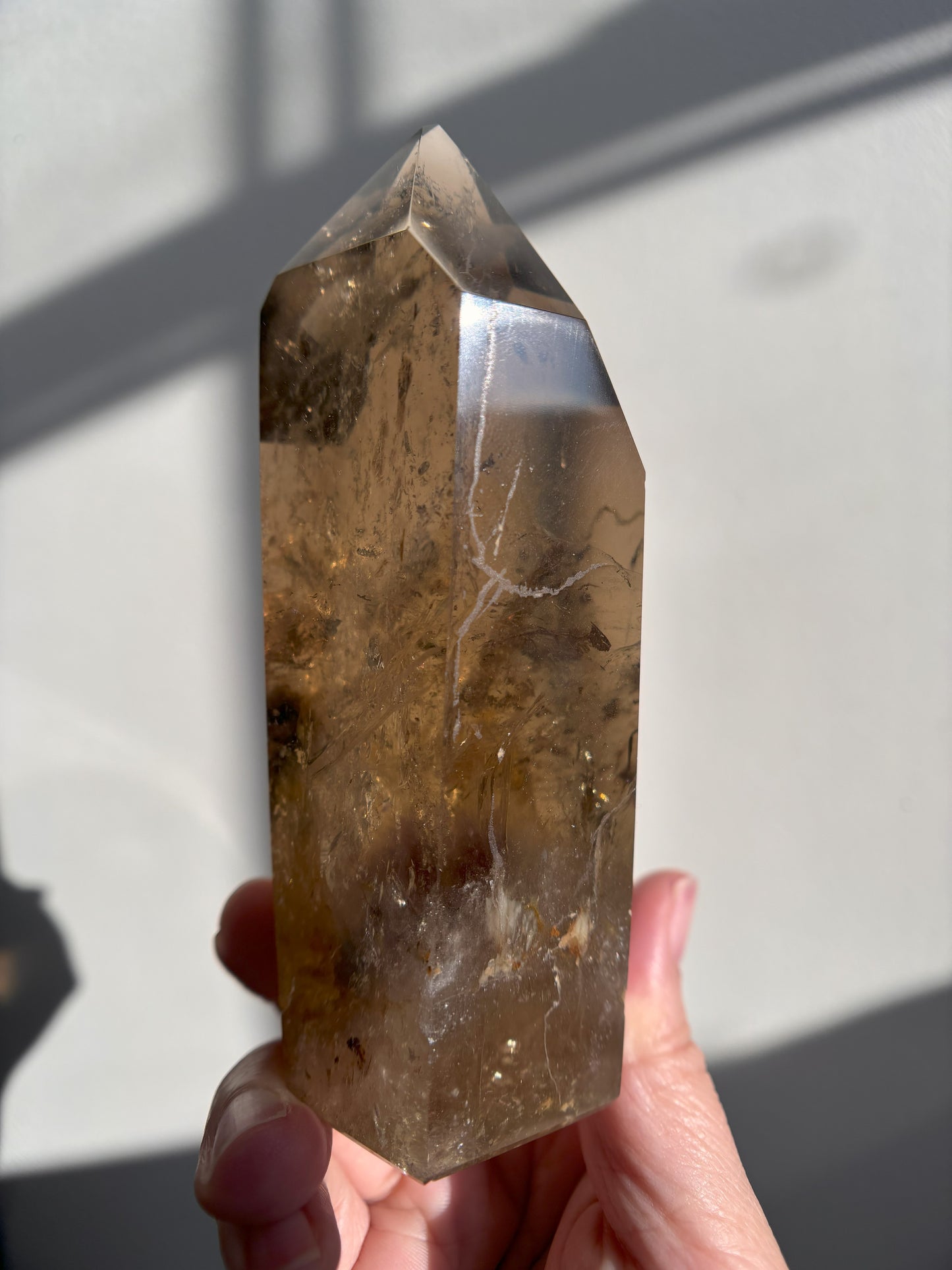 Smoky Quartz with Black Tourmaline and Shamanic Quartz Inclusions Tower 369g