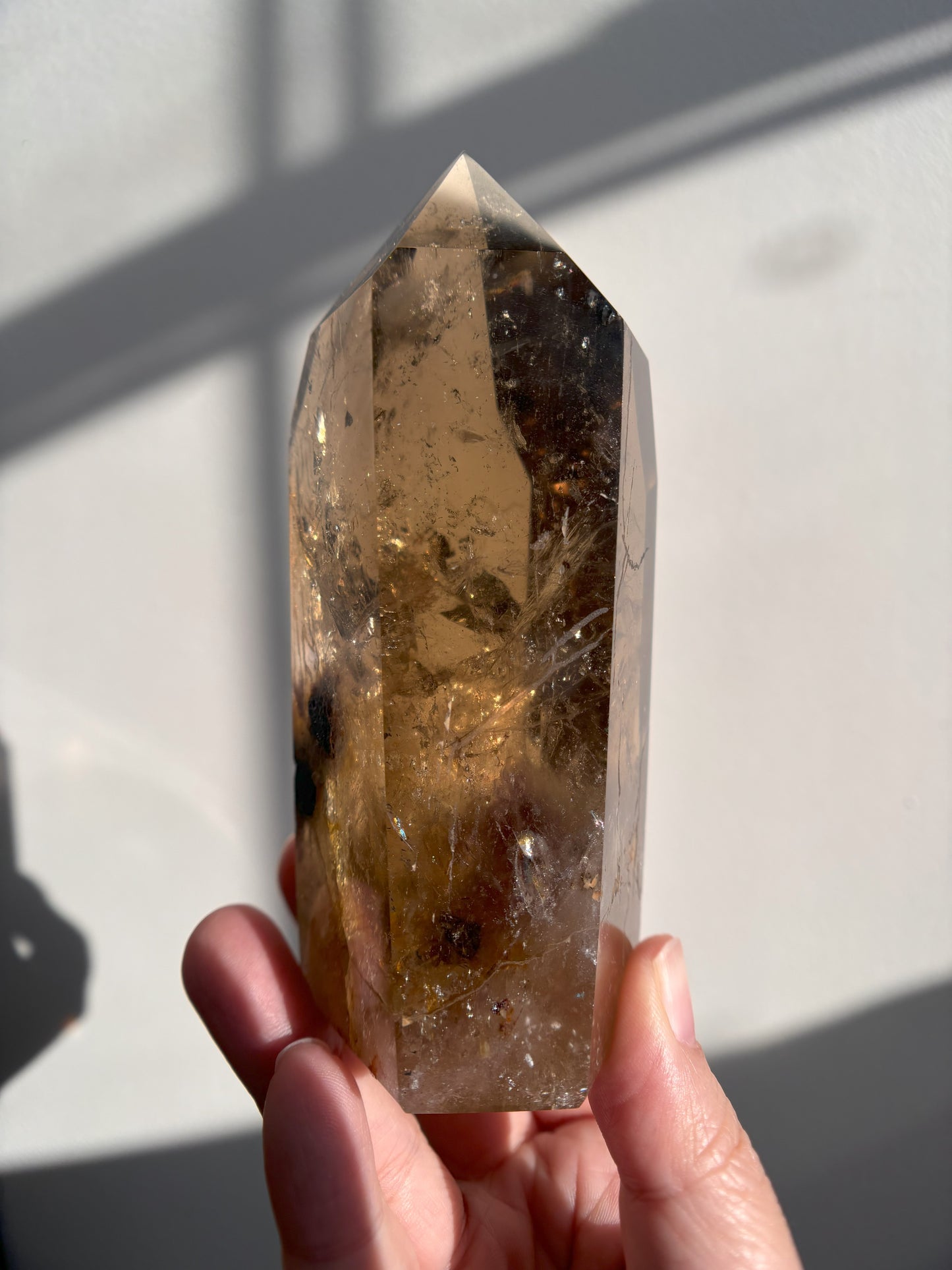 Smoky Quartz with Black Tourmaline and Shamanic Quartz Inclusions Tower 369g