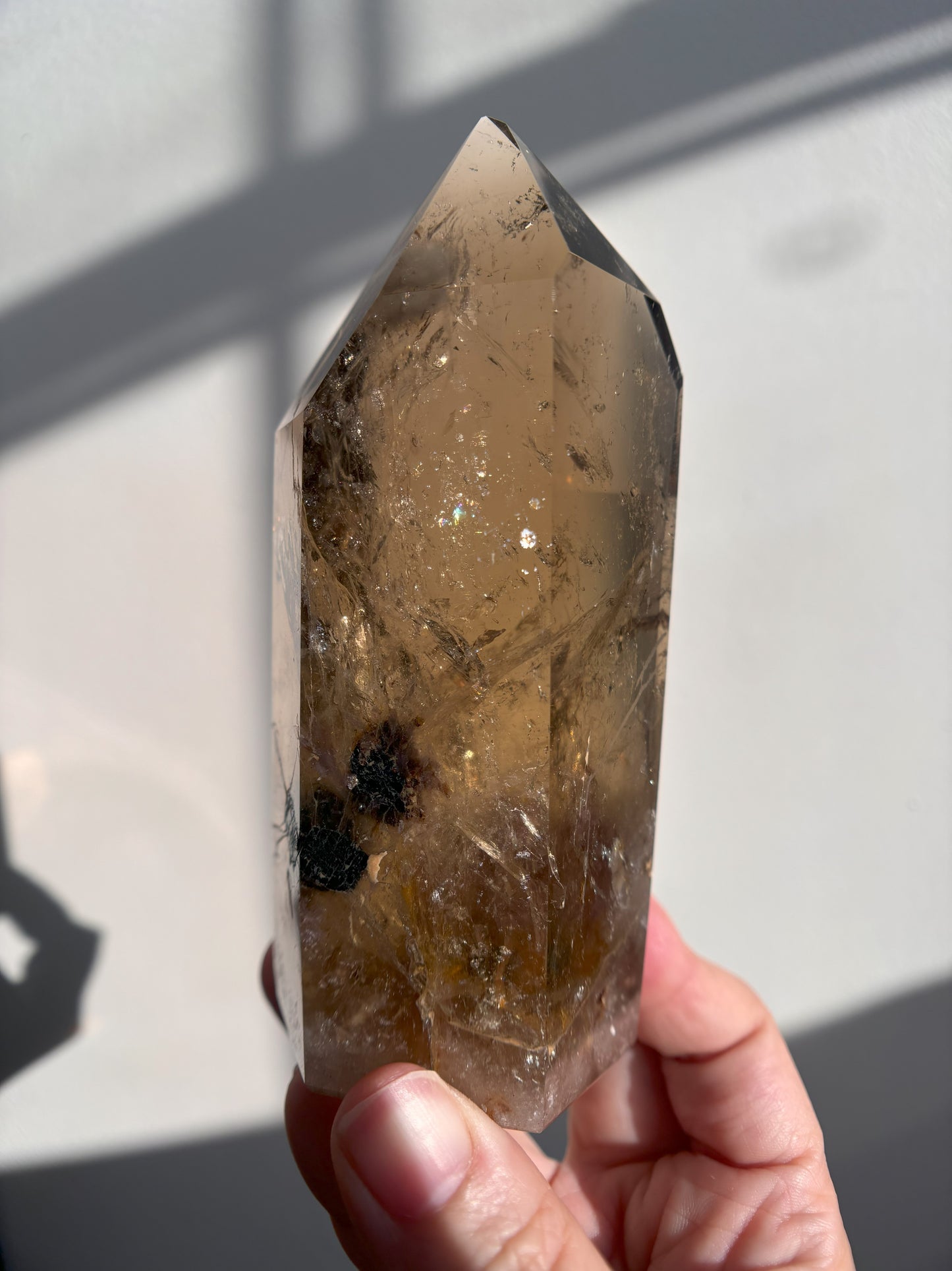 Smoky Quartz with Black Tourmaline and Shamanic Quartz Inclusions Tower 369g