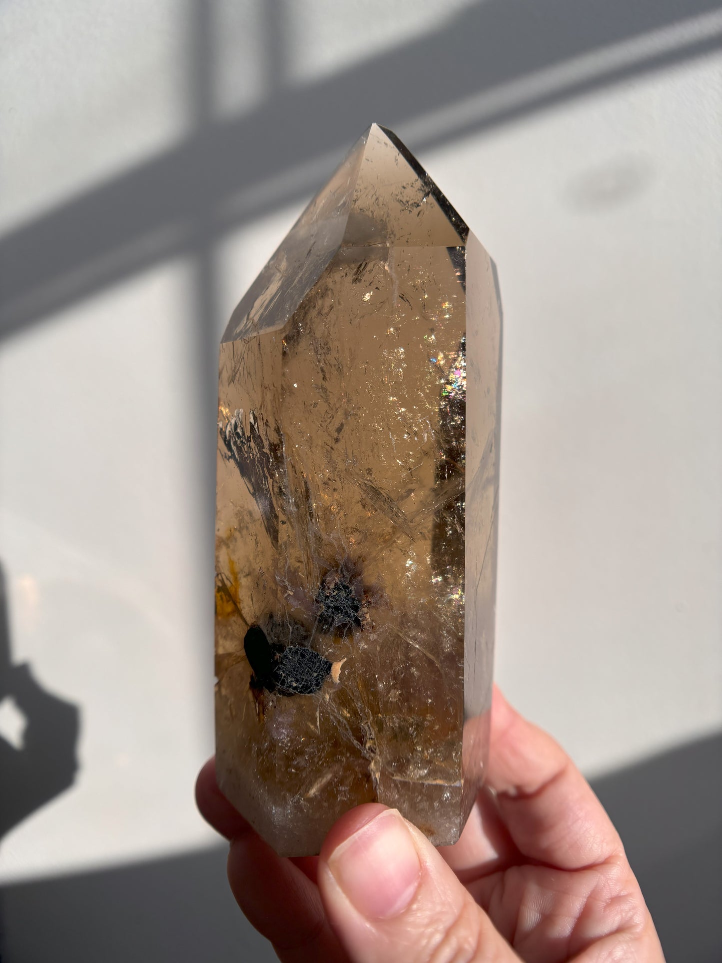 Smoky Quartz with Black Tourmaline and Shamanic Quartz Inclusions Tower 369g