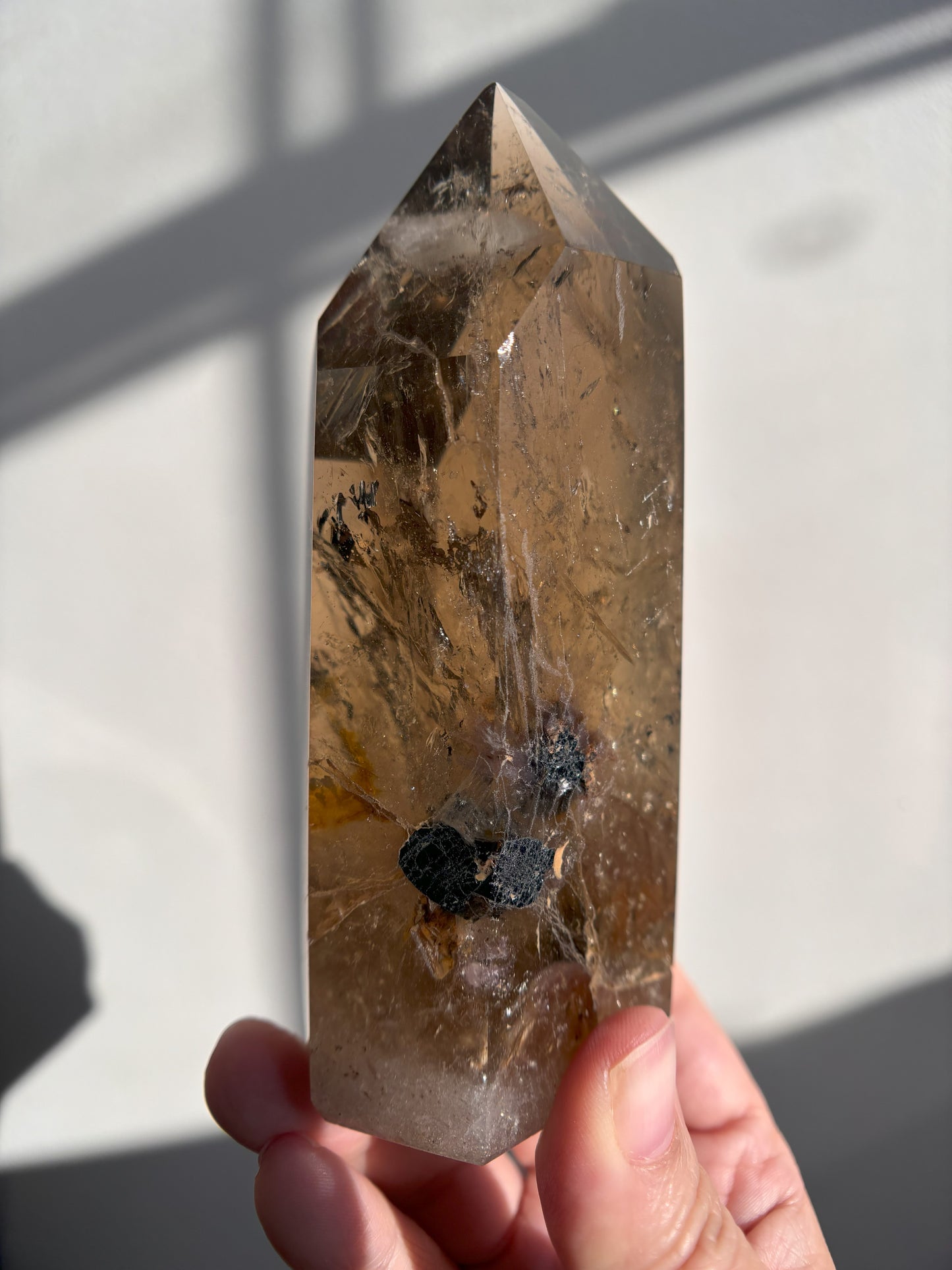 Smoky Quartz with Black Tourmaline and Shamanic Quartz Inclusions Tower 369g