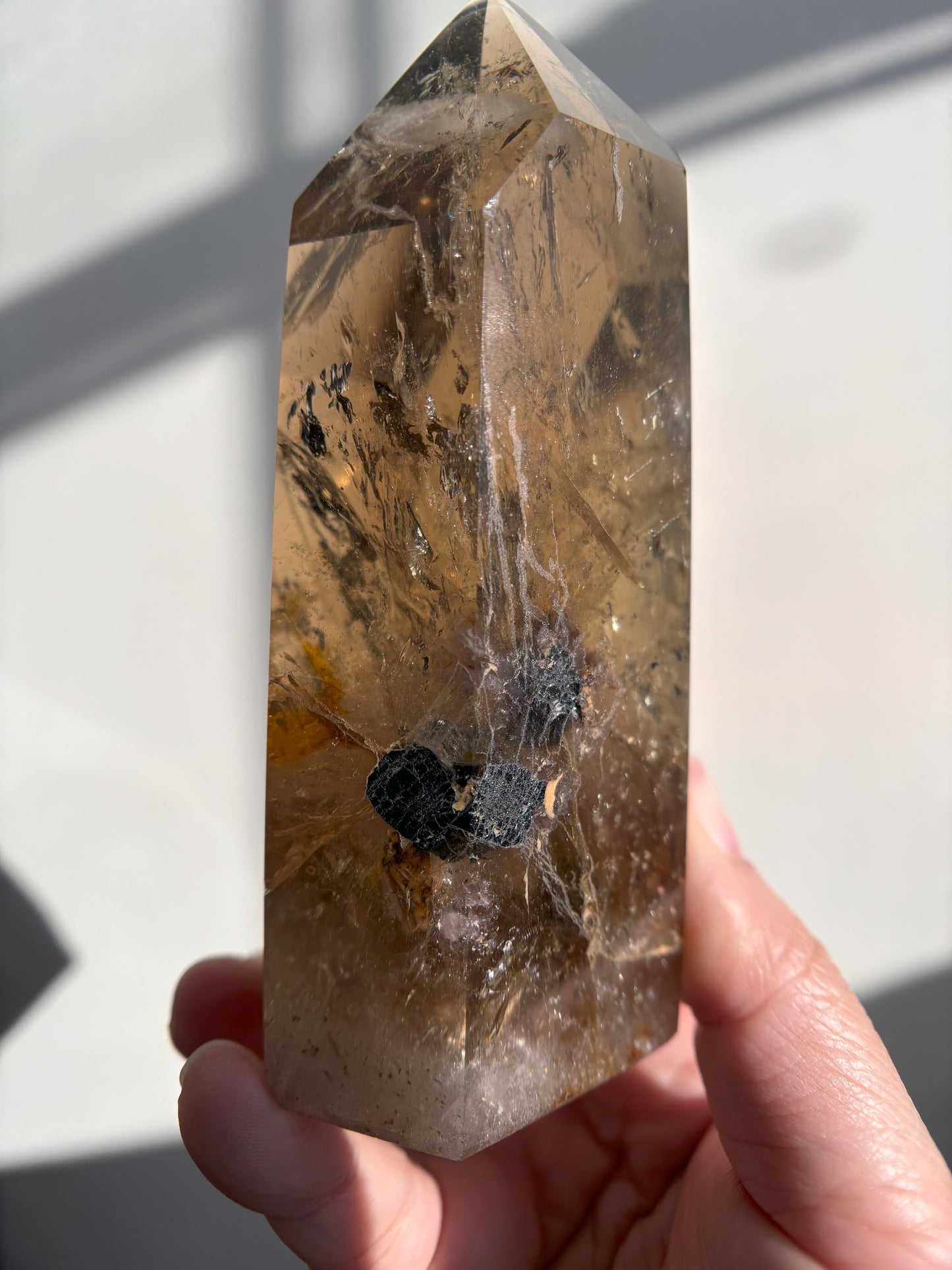 Smoky Quartz with Black Tourmaline and Shamanic Quartz Inclusions Tower 369g